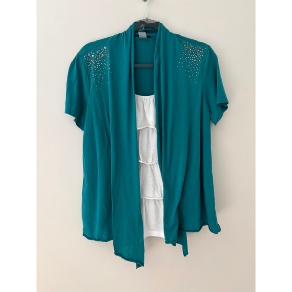 Perception Women Teal Studded Layered Ruffle Front Top Short Sleeve Cardigan